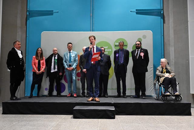 <p>Labour Party candidate Alistair Strathern gives a speech after winning the Mid Bedfordshire Parliamentary by-election, at the count centre in Shefford, north of London on 20 October 2023</p>