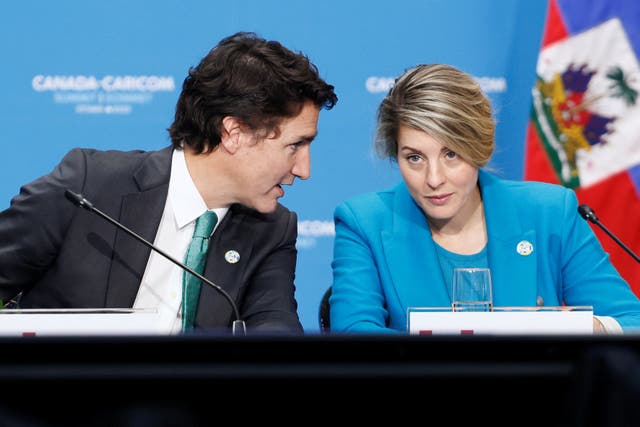 <p>Canada’s Prime Minister Justin Trudeau and Foreign Minister Melanie Joly at a summit in Ottawa</p>