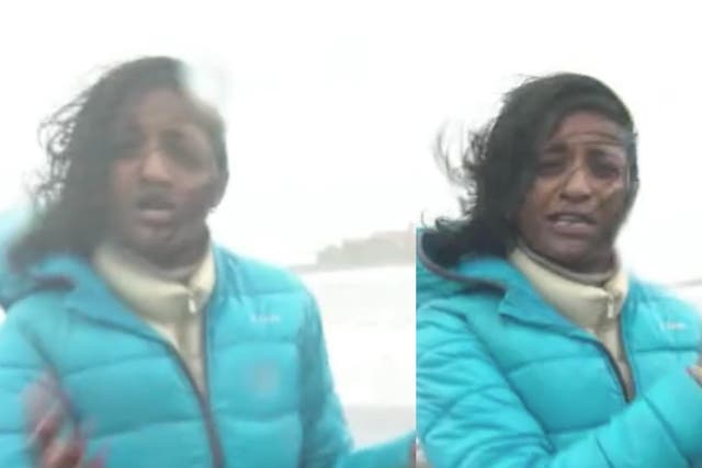 <p>GMB weather presenter Nitya Rajan is battered by Storm Babet live on air.</p>