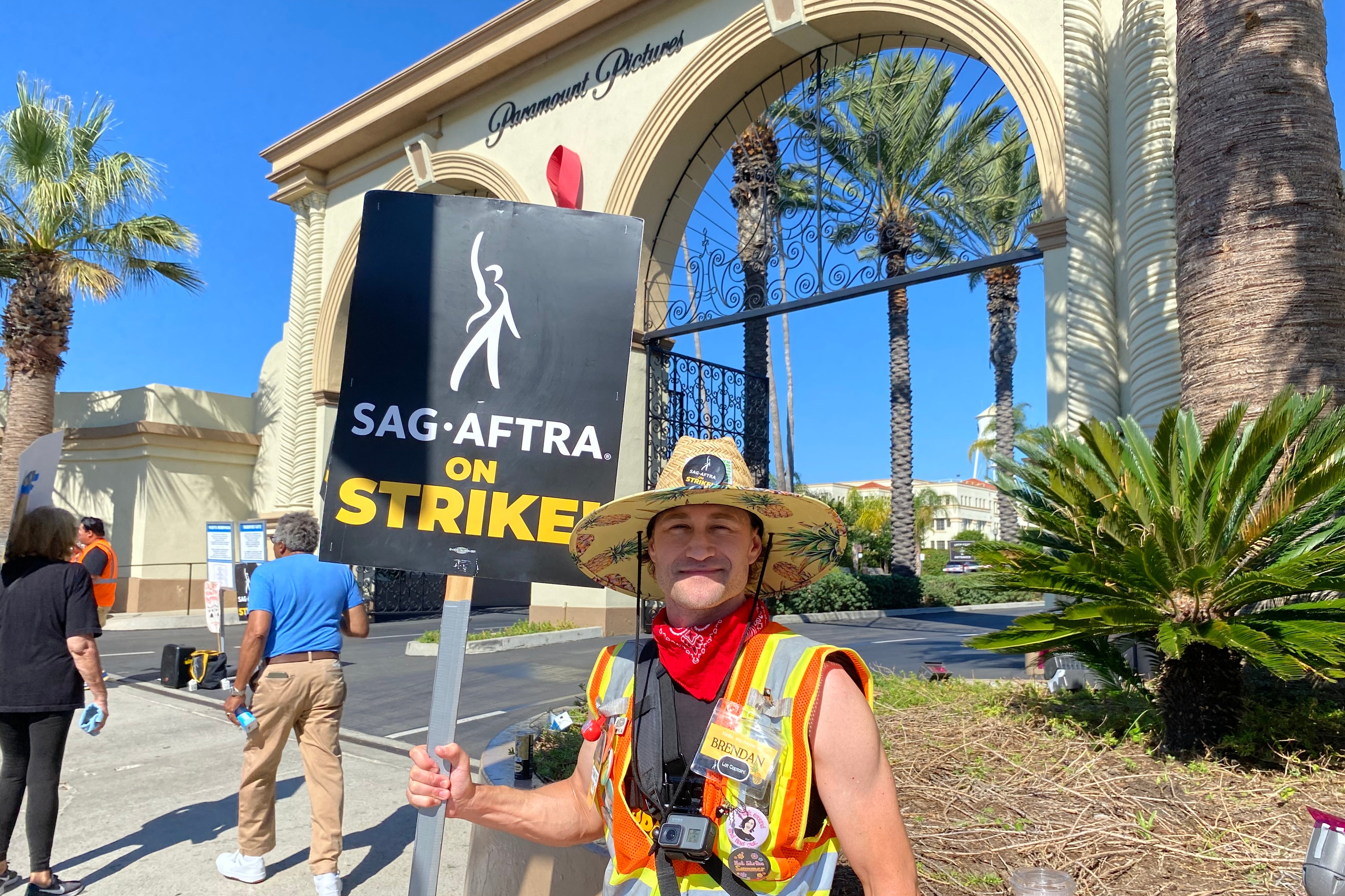 Actor and Sag-Aftra strike captain Brendan Bradley outside Paramount Studios in Los Angeles