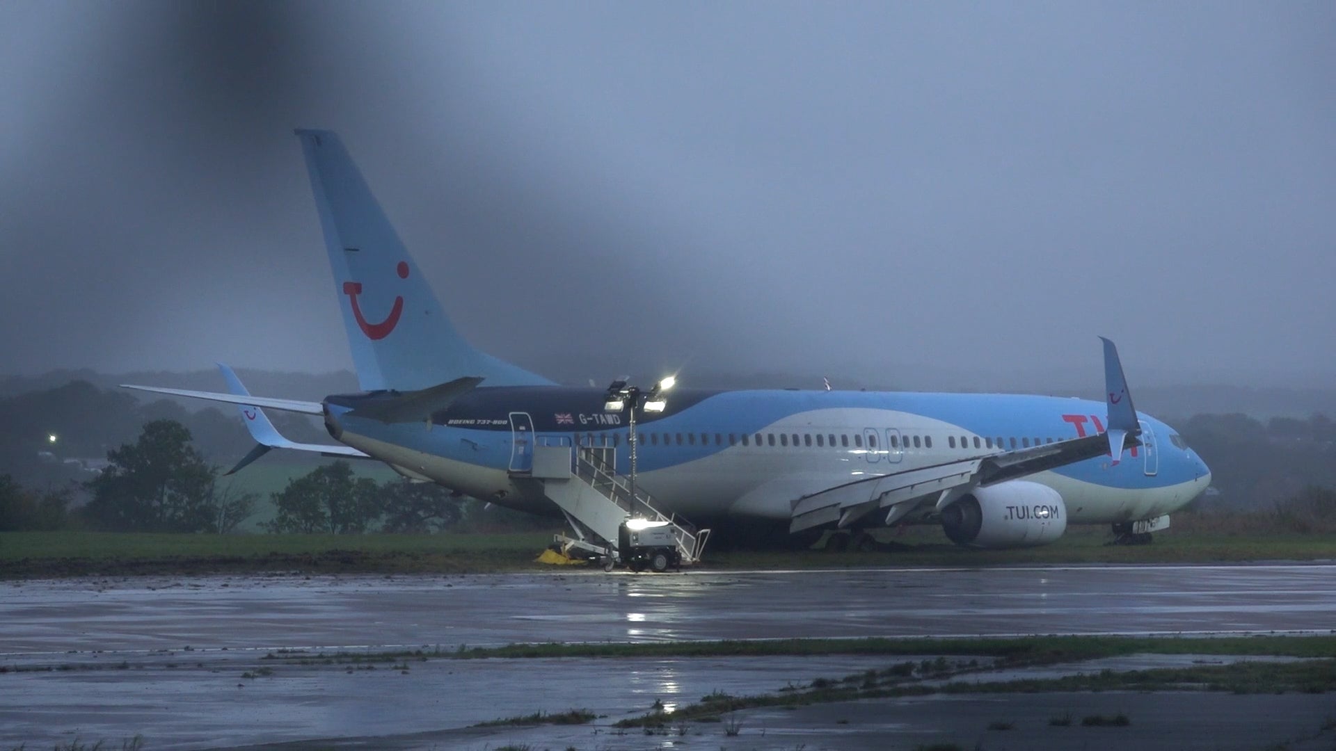 <p>Storm Babet Plane skids off runway at Leeds-Bradford Airport amid extreme weather</p>