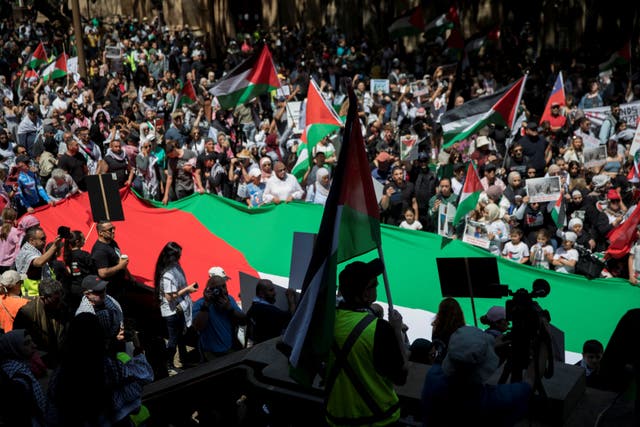 <p>People demonstrate in support of Palestinians in Gaza as the conflict between Israel and Hamas continues, in Sydney, Australia</p>