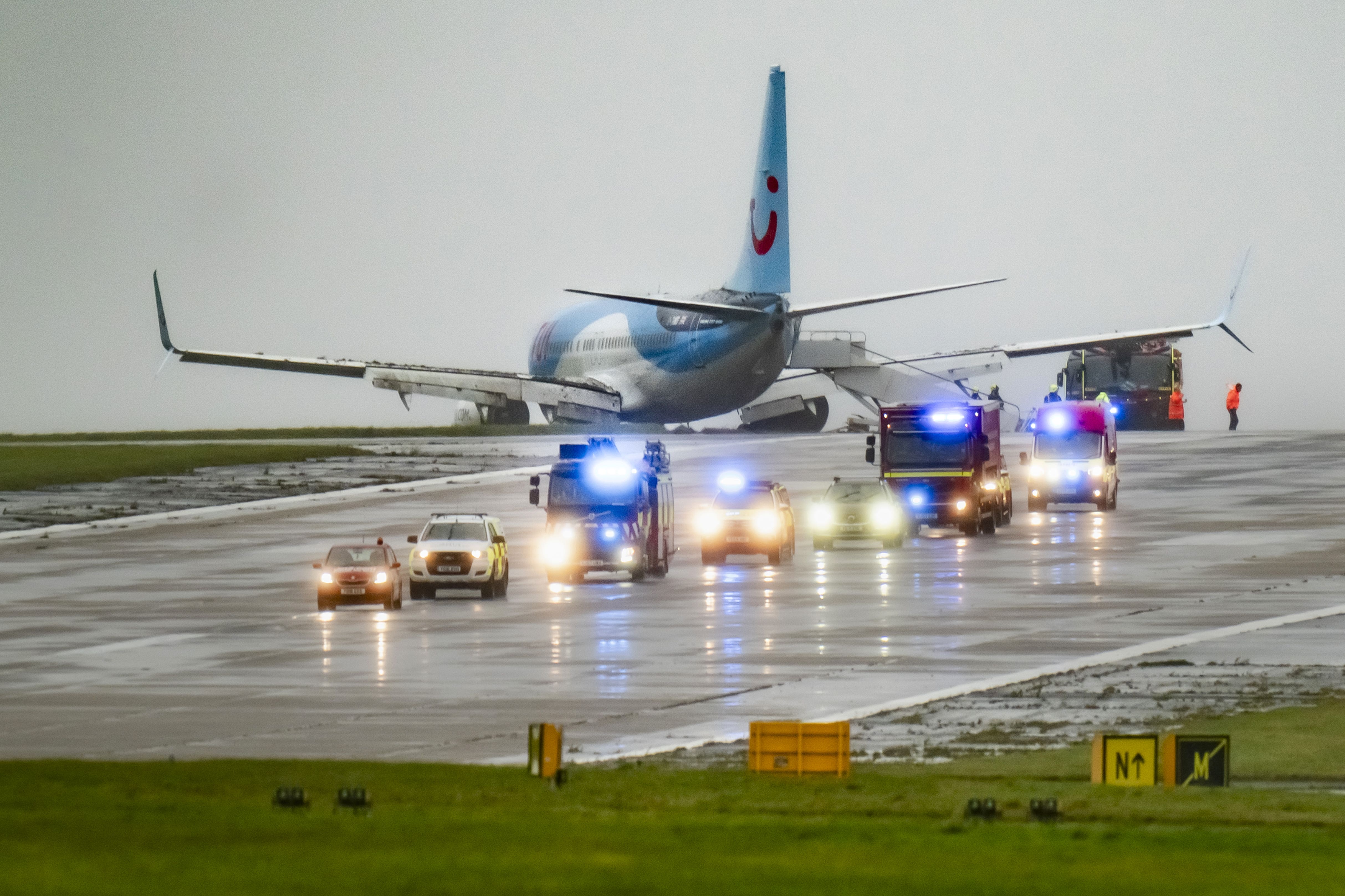 Emergency services attended the scene after a passenger plane came off the runway at Leeds Bradford airport