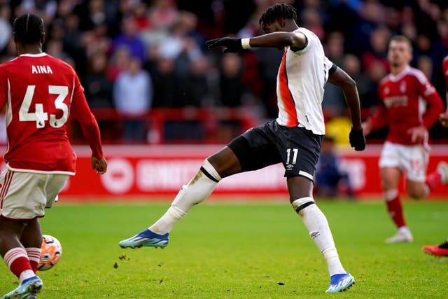 Elijah Adebayo levels for Luton in the draw at Nottingham Forest (Joe Giddens/PA)
