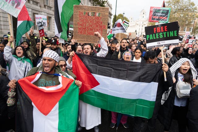 Protesters during a pro-Palestine march organised by Stop the War Coalition and Palestine Solidarity Campaign in central London. Picture date: Saturday October 21, 2023.