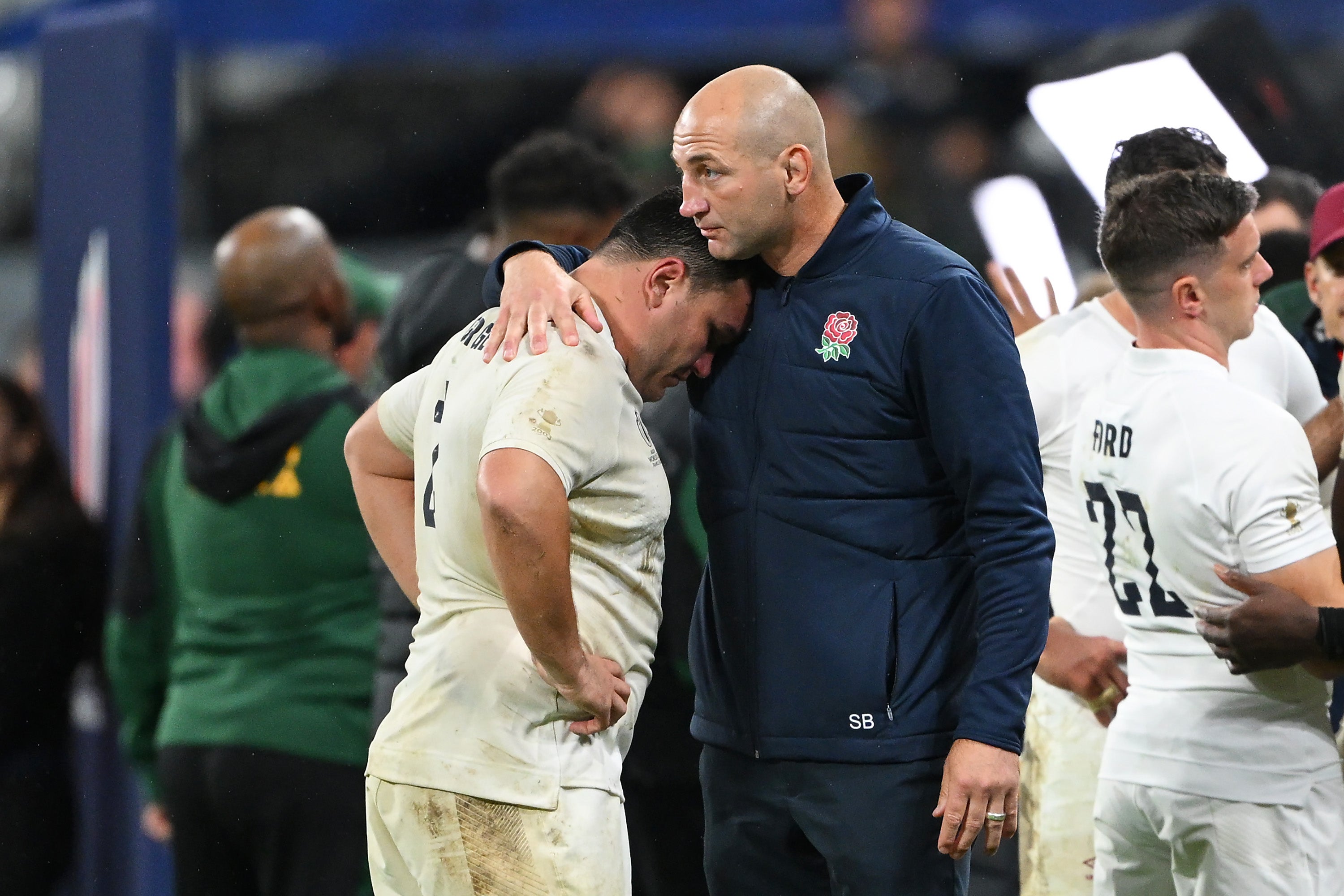 England head coach Steve Borthwick embraces a devastated Jamie George