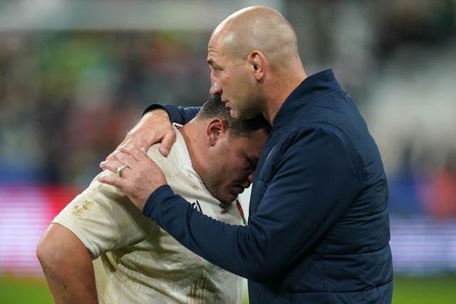 <p>England’s Jamie George is consoled by head coach Steve Borthwick following the defeat (David Davies/PA)</p>