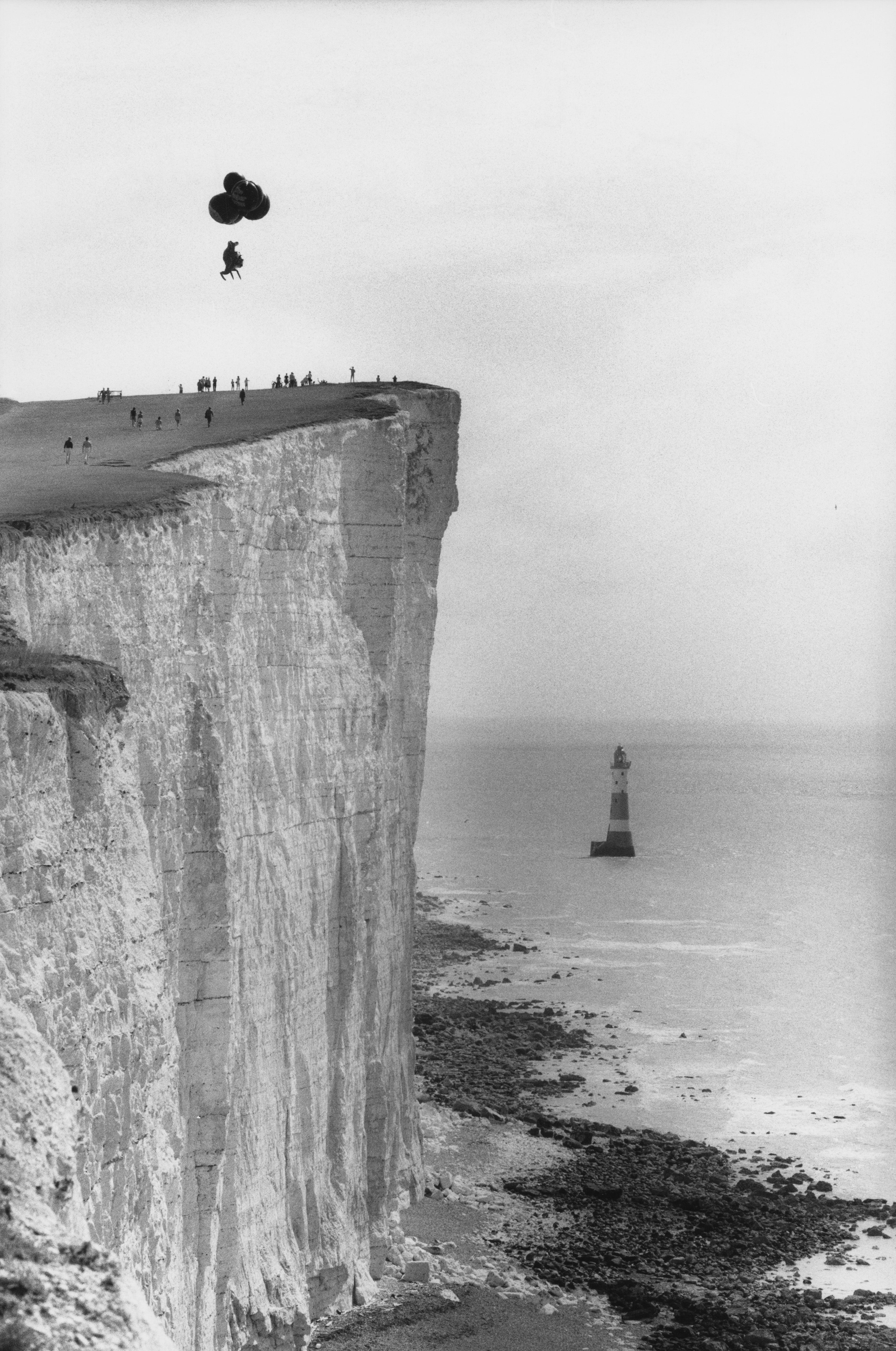 David Kirke sets off from Beachy Head in East Sussex, in a giant helium-filled kangaroo, August 1986