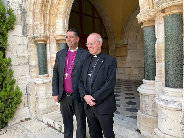 <p>The Archbishop of Canterbury, Justin Welby, right, with the Archbishop of Jerusalem, Hosam Naoum</p>