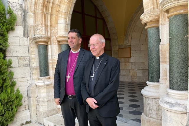 <p>The Archbishop of Canterbury, Justin Welby, right, with the Archbishop of Jerusalem, Hosam Naoum</p>