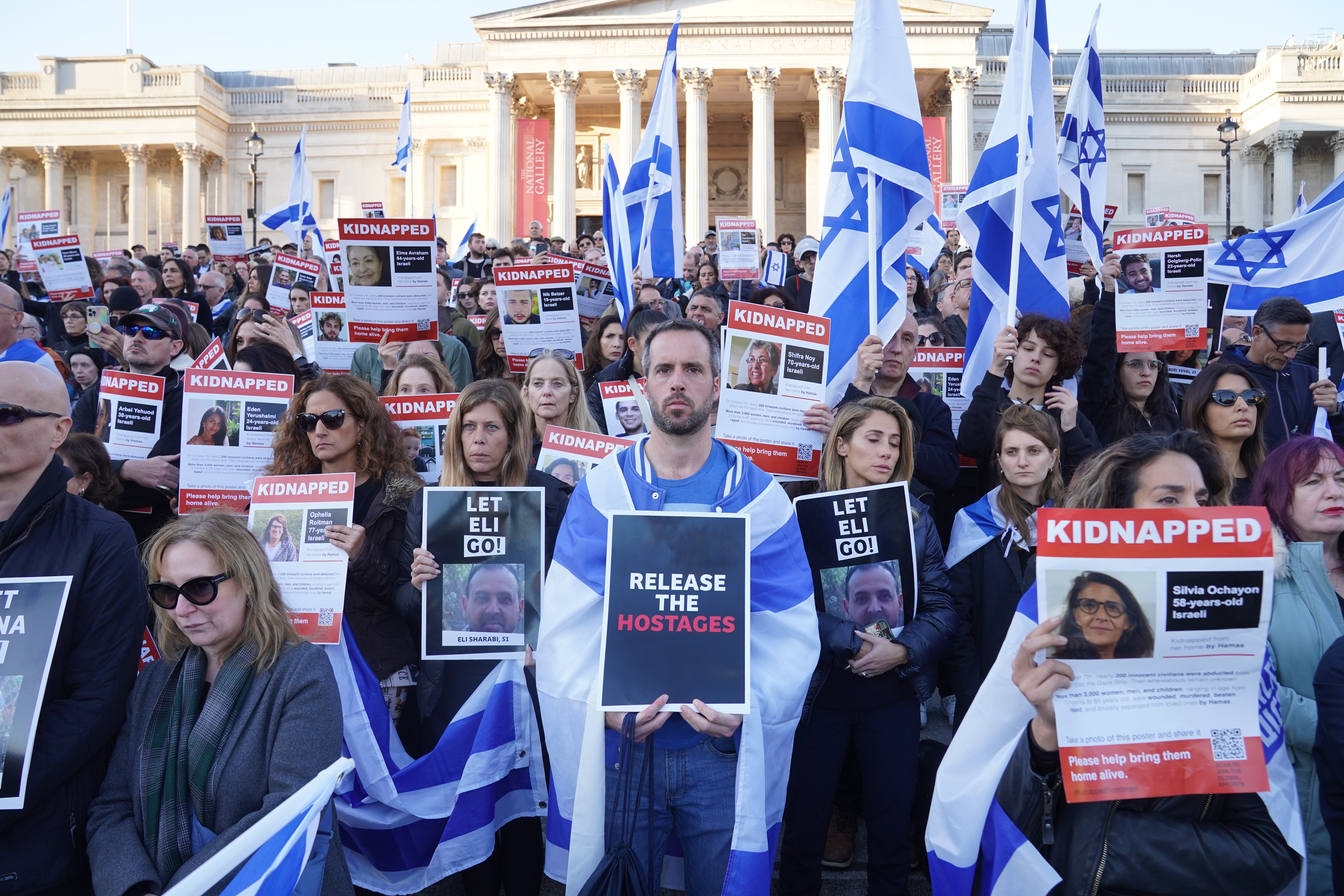 Members of the Jewish community attend a Solidarity Rally in Trafalgar Square, central London, calling for the safe return of hostages on Sunday
