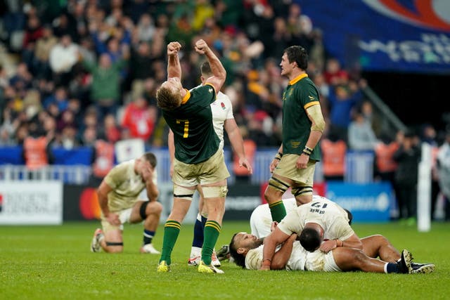 South Africa celebrated a dramatic 16-15 victory over England to reach the Rugby World Cup final (David Davies/PA)