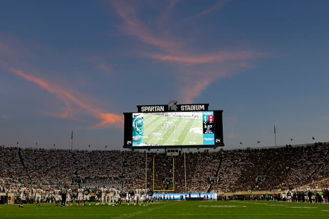 <p>A general view as the sun sets during a game between the Central Michigan Chippewas  and the Michigan State Spartans at Spartan Stadium on 1 September 2023</p>