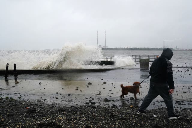 A man and a dog go for a walk as waves crash onto Clontarf promenade in Dublin (PA)