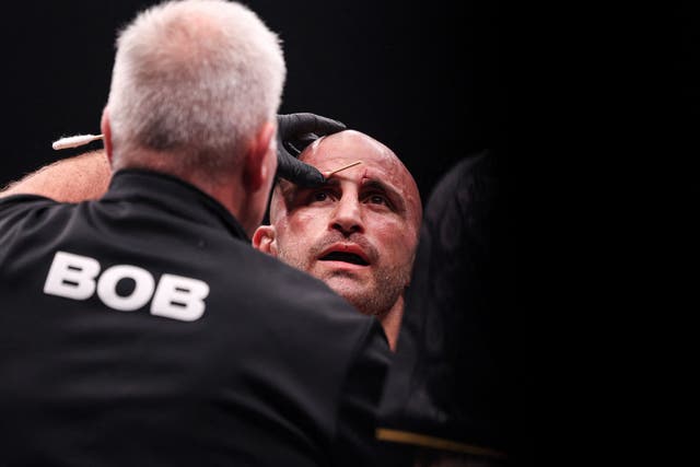 <p>Volkanovski, moments after suffering a knockout loss to Islam Makhachev</p>