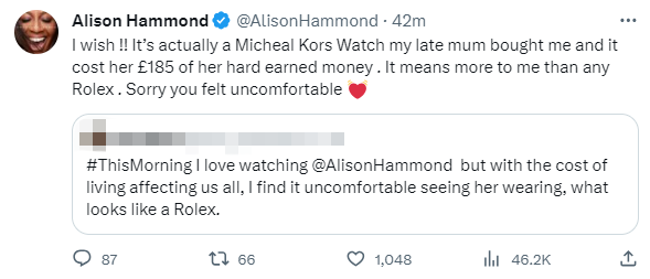 Alison Hammond responds to a tweet about her ‘Rolex'