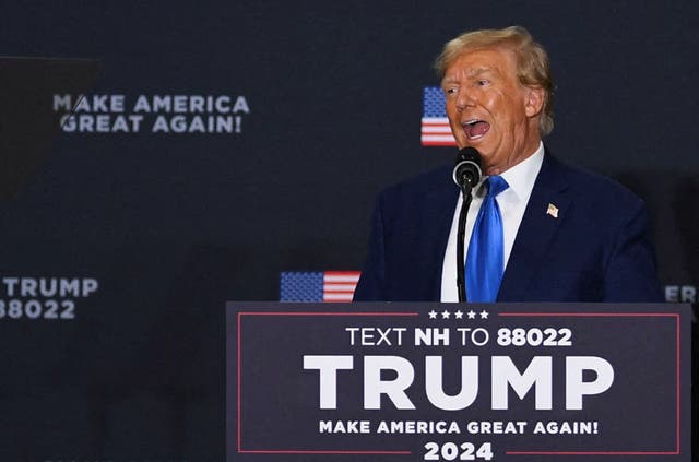 <p>Republican presidential candidate and former U.S. President Donald Trump speaks at a campaign rally in Derry, New Hampshire, U.S., October 23, 2023</p>