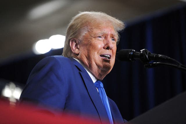 <p>Republican presidential candidate and former U.S. President Donald Trump speaks at a campaign rally in Derry, New Hampshire, U.S., October 23, 2023</p>