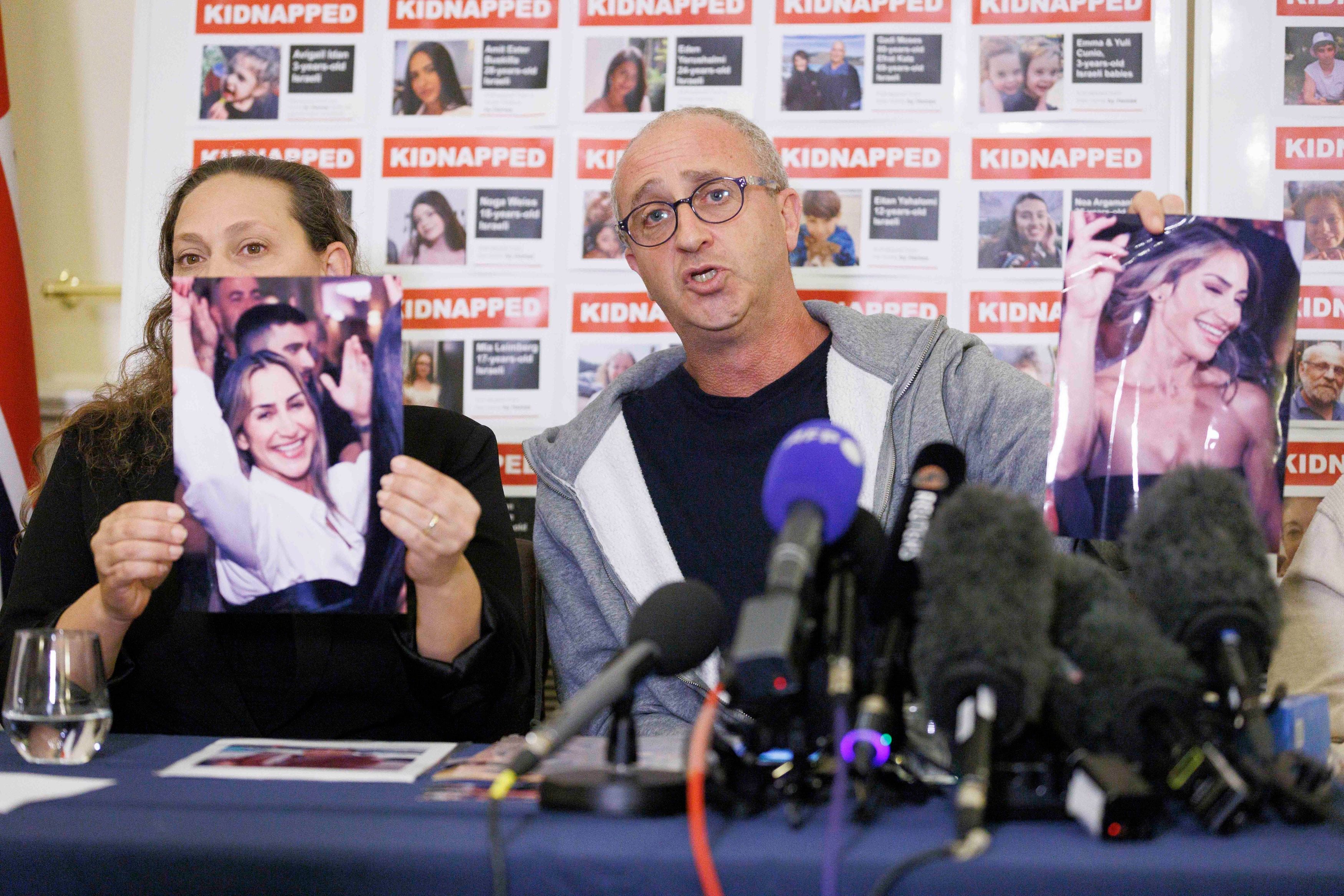 British-Israeli Ayelet Svatitzky whose mother and brother were taken hostage from Kibbutz Nirim (left) and British-Israeli David Barr (right)