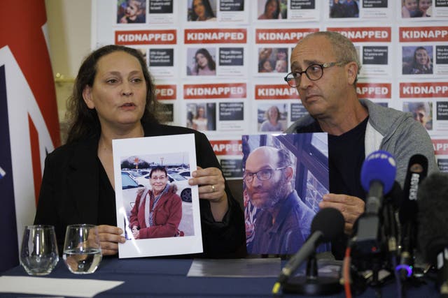 Ayelet Svatitzky and David Barr during a press conference for the families of British-Israeli kidnap victims (Belinda Jiao/PA)