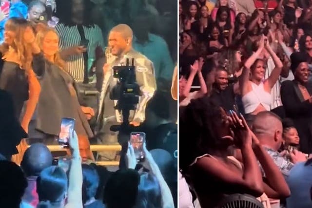 <p>Usher serenades Jessica Alba at Las Vegas concert as Jennifer Lopez dances in the crowd.</p>