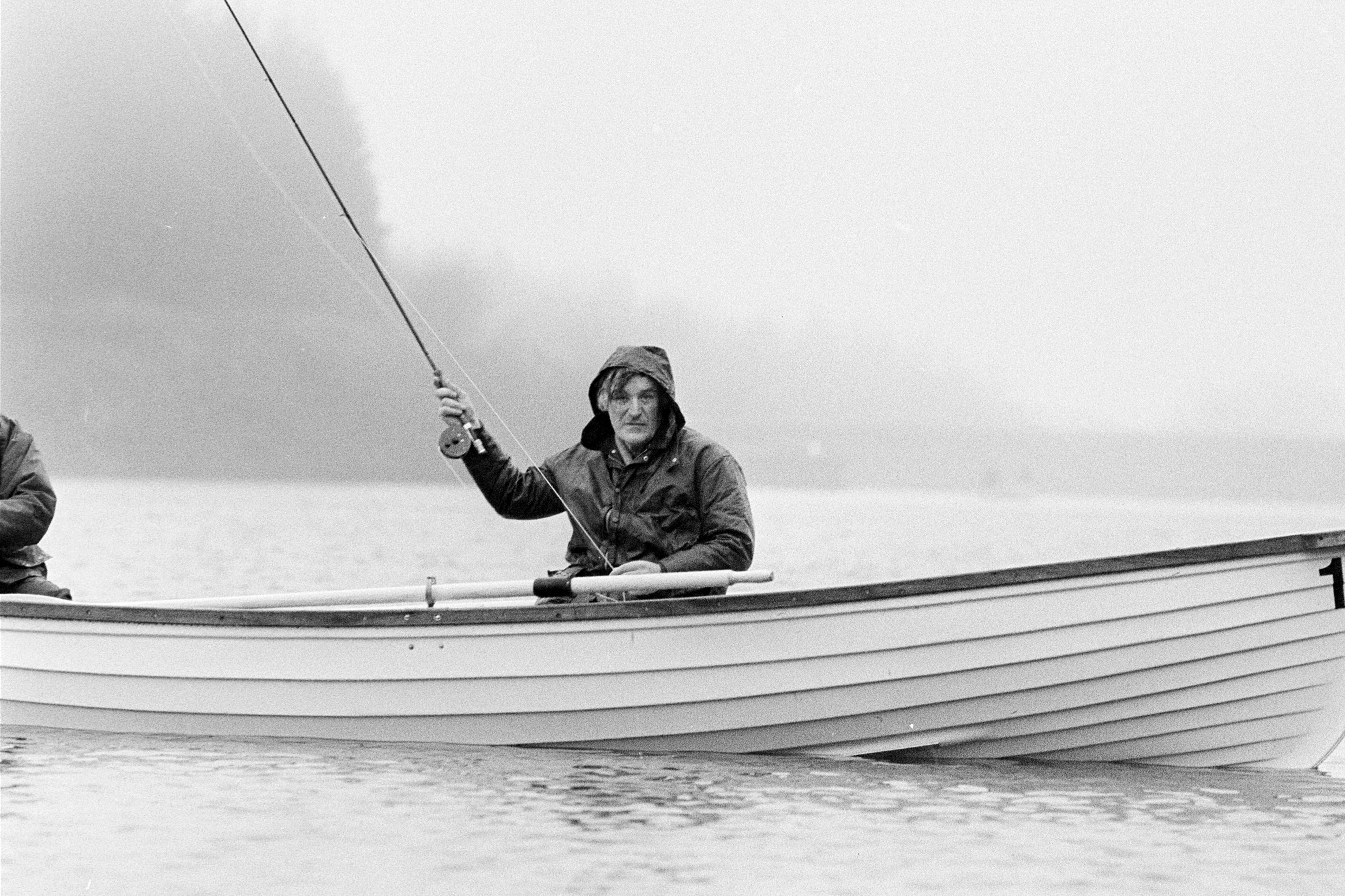 Ted Hughes on the first day of the trout fishing season at Wistlandpound, Devon, 1 April 1986