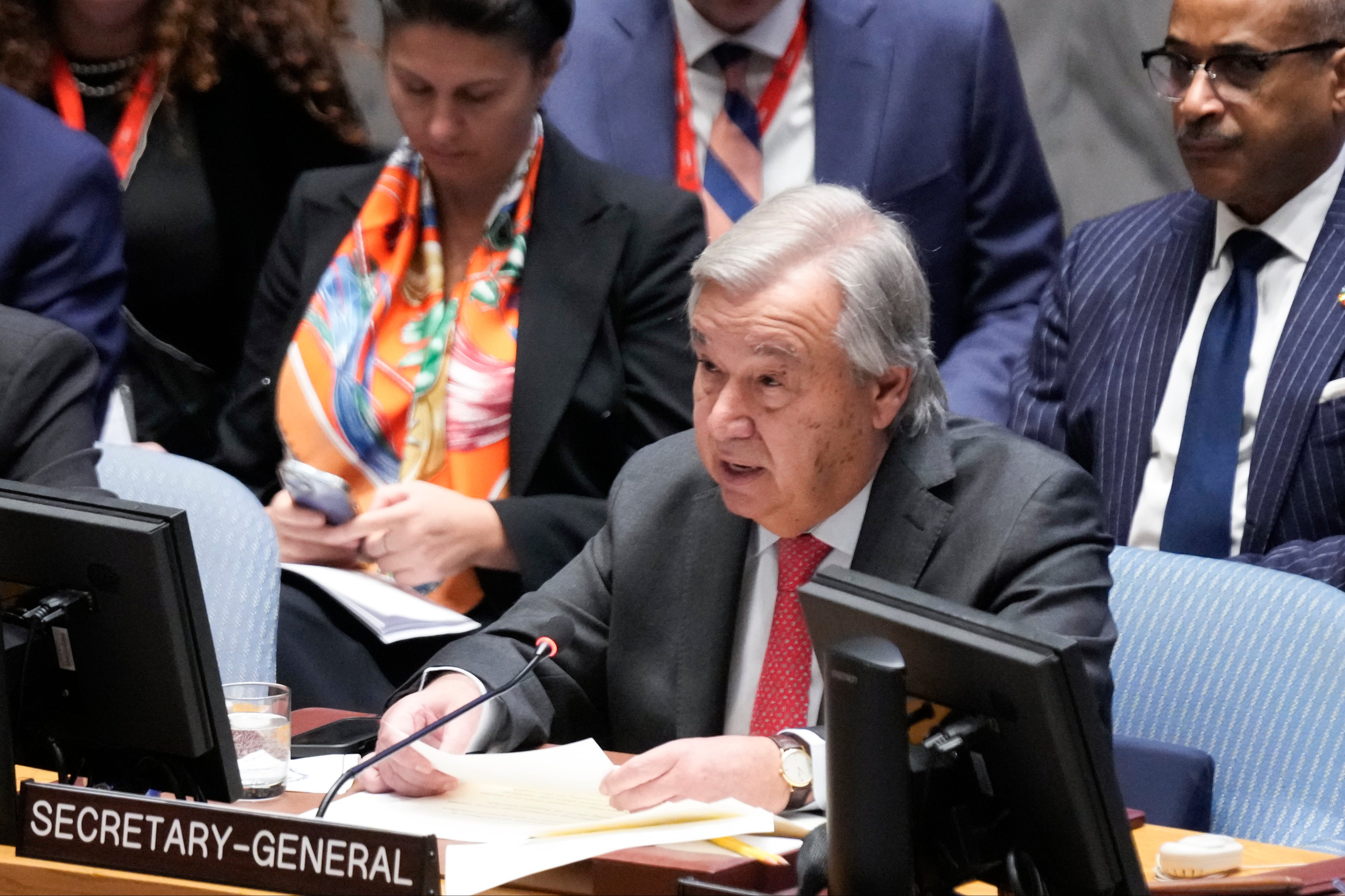 United Nations Secretary-General Antonio Guterres speaks during the Security Council meeting
