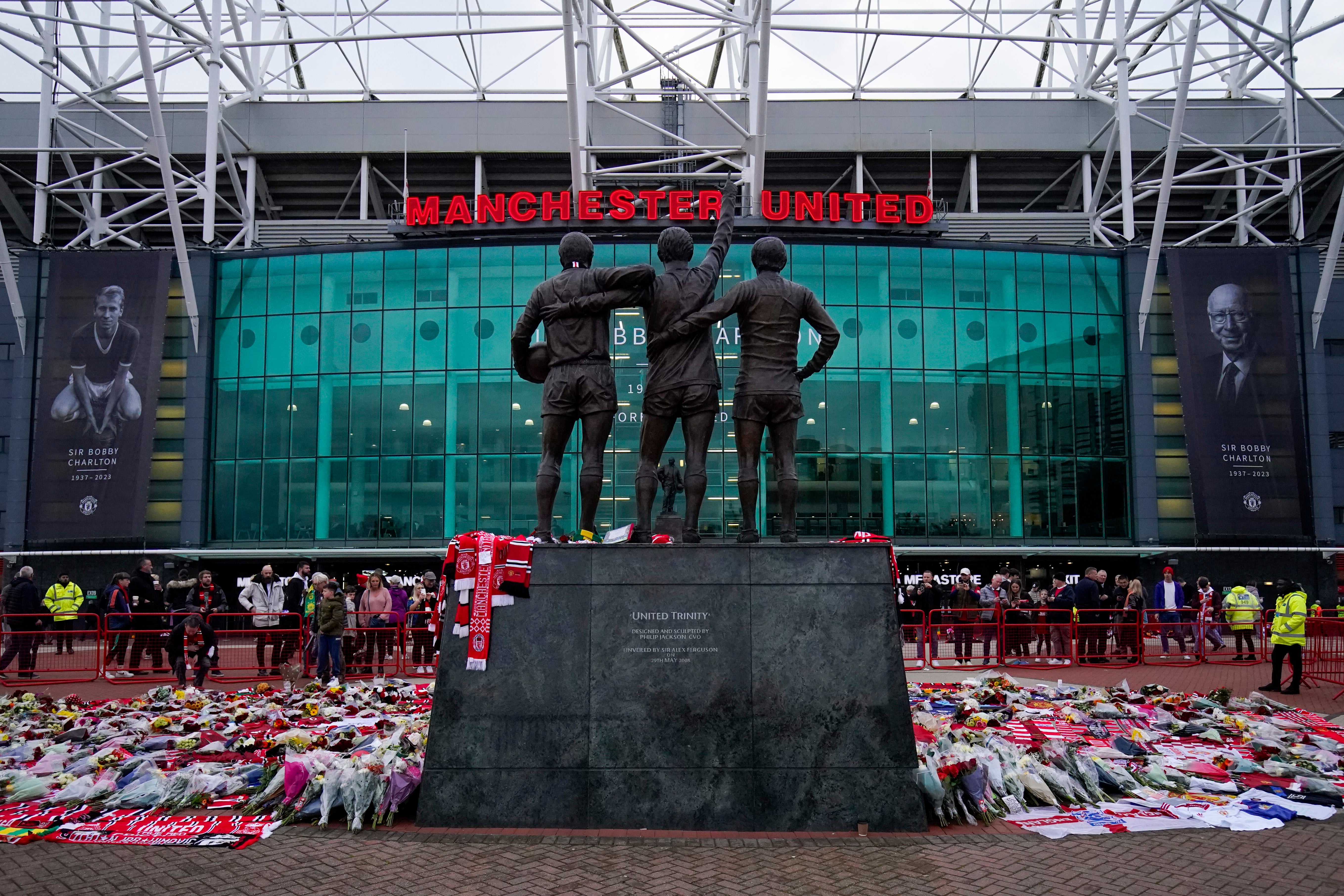 A statue of Manchester United trio of George Best, Denis Law and Sir Bobby Charlton