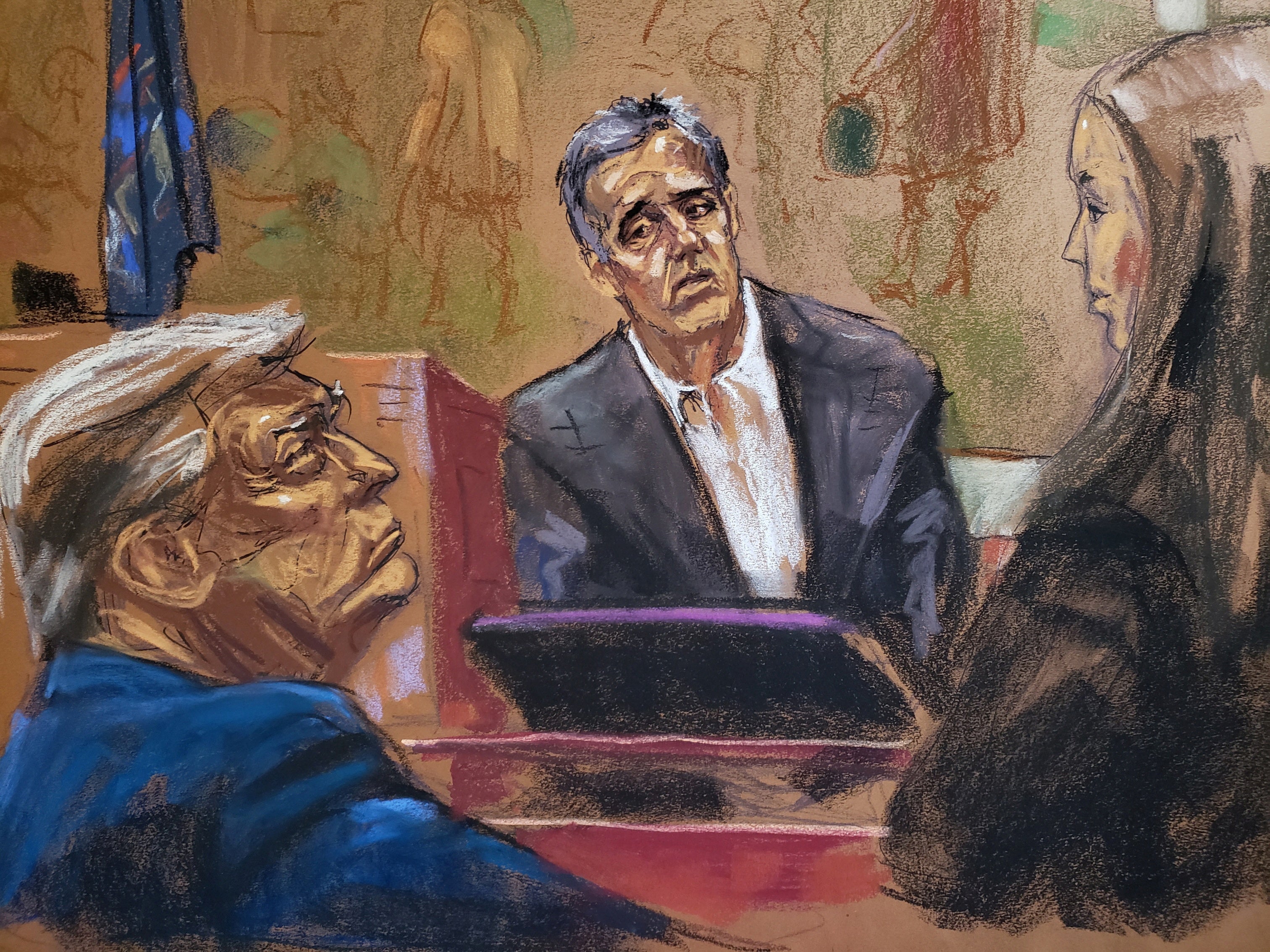 A courtroom sketch shows Donald Trump listening to his former attorney Michael Cohen testify against him during a civil fraud trial in New York Supreme Court on 24 October.