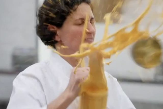 <p>Moment blender explodes covering MasterChef contestant in boiling soup as she’s forced to quit challenge.</p>