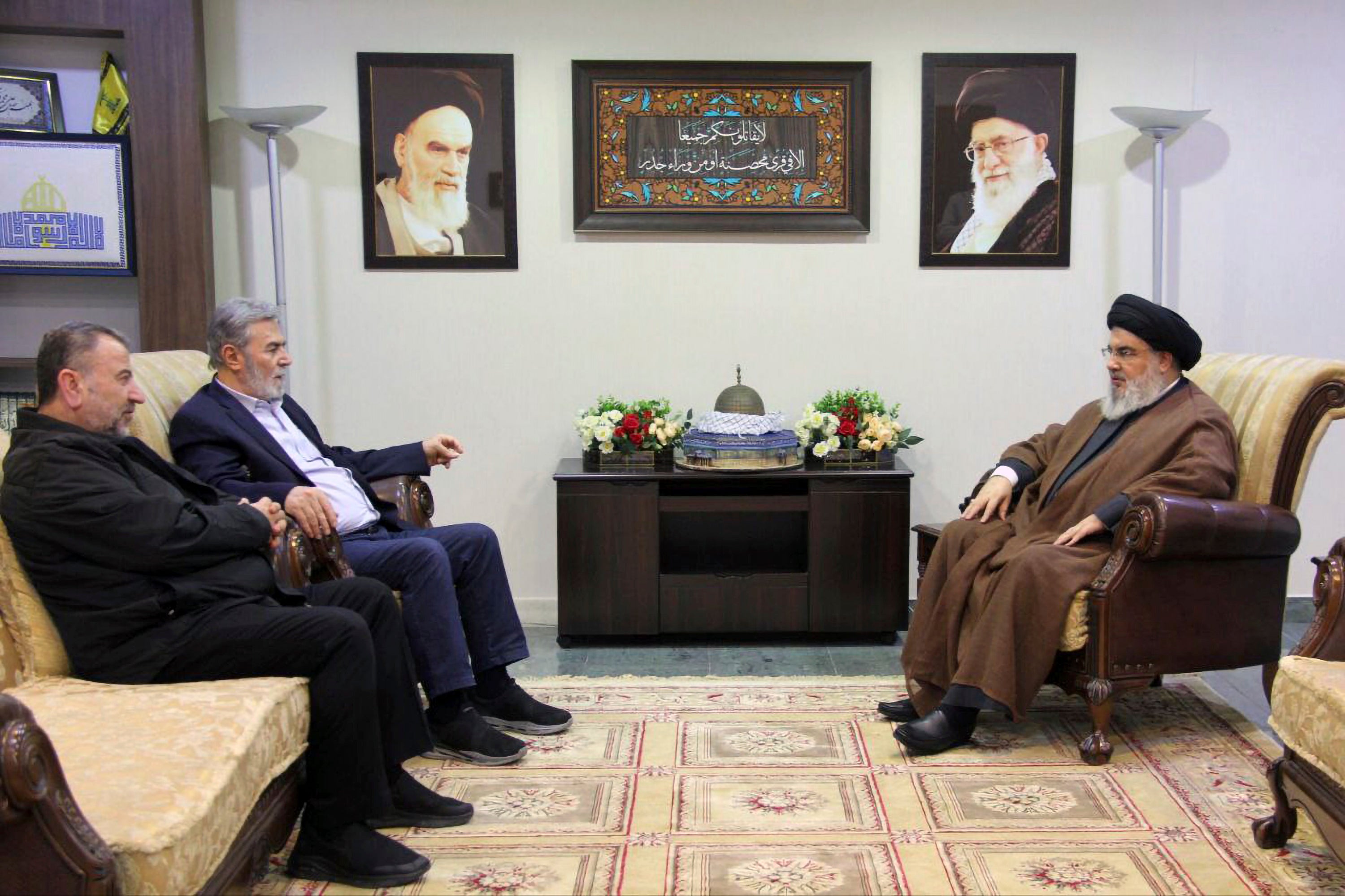 pHezbollah leader Sayyed Hassan Nasrallah, right, meets with Ziad al-Nakhleh, the head of Palestinian Islamic Jihad, center, and Hamas deputy chief, Saleh al-Arouri/p