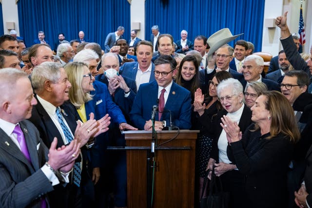<p>Republican lawmaker from Louisiana Mike Johnson flanked by GOP members after he is announced as the new speaker nominee</p>