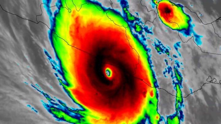 <p>Infrared satellite shows ‘extremely dangerous’ Hurricane Otis making landfall in Mexico.</p>