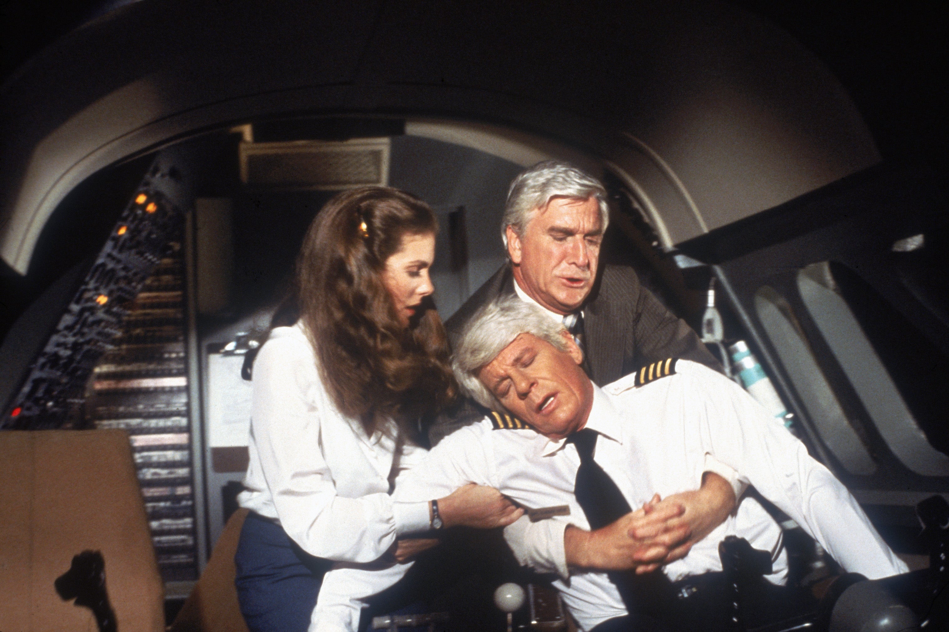 Don’t call me Shirley: Leslie Nielsen alongside Julie Hagerty and Peter Graves in ‘Airplane!'