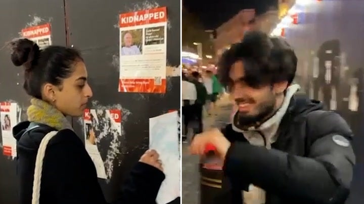 Smiling people tore down posters of kidnapped Israeli people in London ’s Leicester Square , in one of several incidents this week