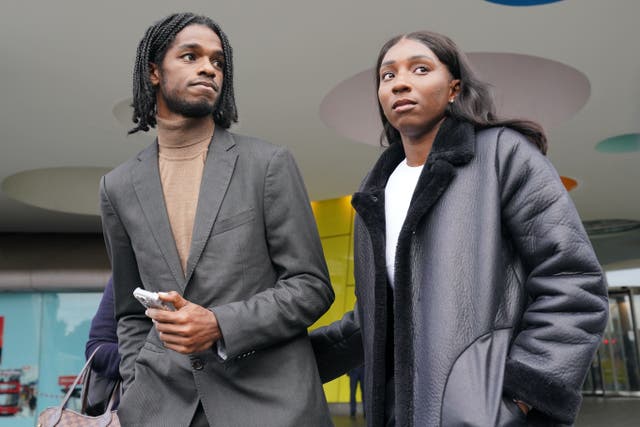 <p>Athletes Bianca Williams and Ricardo Dos Santos outside Palestra House, central London</p>