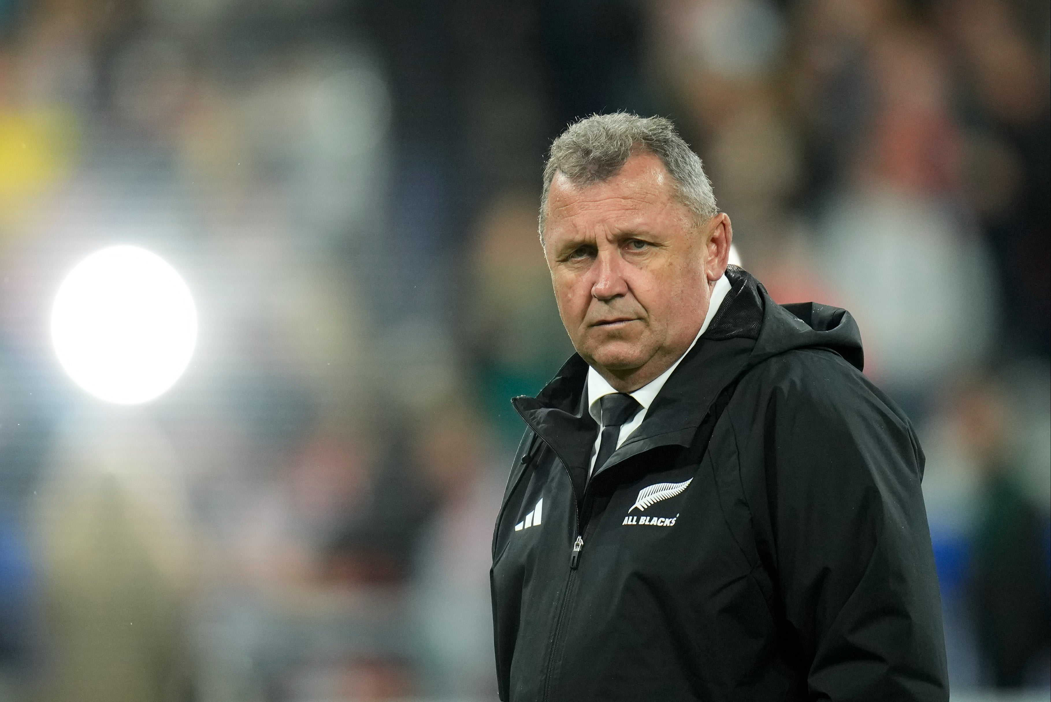 <p>New Zealand’s head coach Ian Foster watches on at the Stade de France</p>