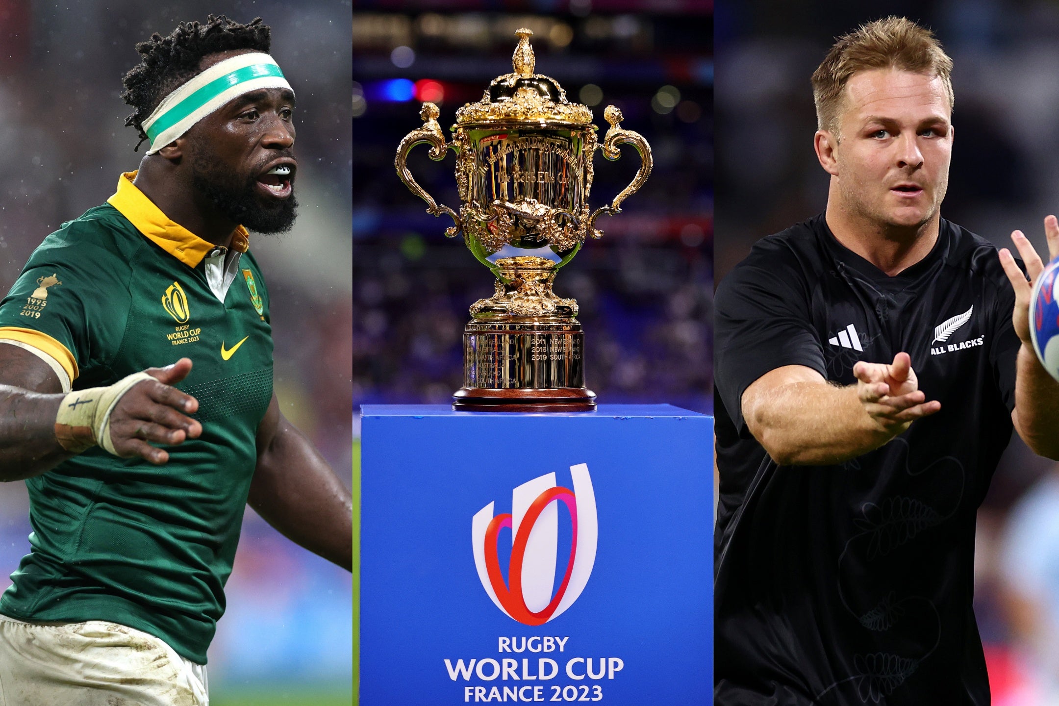 <p>Siya Kolisi, left, and Sam Cane will captain their sides in pursuit of the Rugby World Cup trophy on Saturday evening </p>