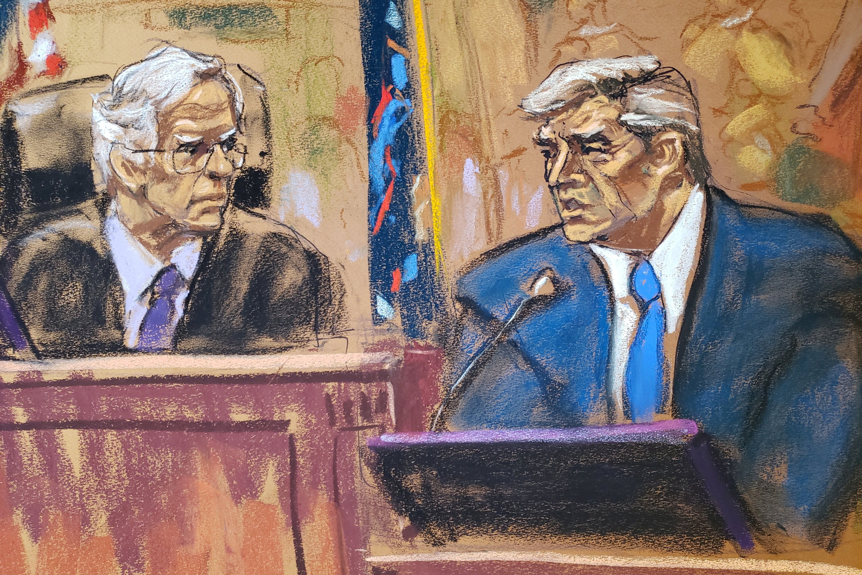 A courtroom sketch depicts Donald Trump on the witness stand in a civil fraud trial with New York Judge Arthur Engoron presiding on 25 October.