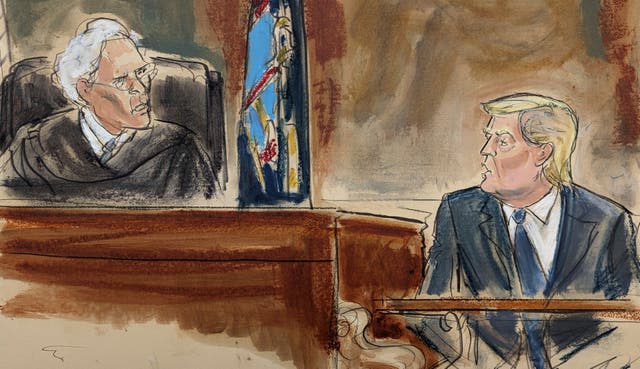 <p>In this courtroom sketch, Judge Arthur Engoron questions former President Donald Trump on the witness stand in New York Supreme Court, on 25 October  2023 before fining him $10,000 </p>