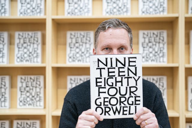 David Shrigley is launching a limited-edition of George Orwell’s Nineteen Eighty-Four, constructed entirely from pulped, second hand copies of The Da Vinci Code (Ben Birchall/PA)