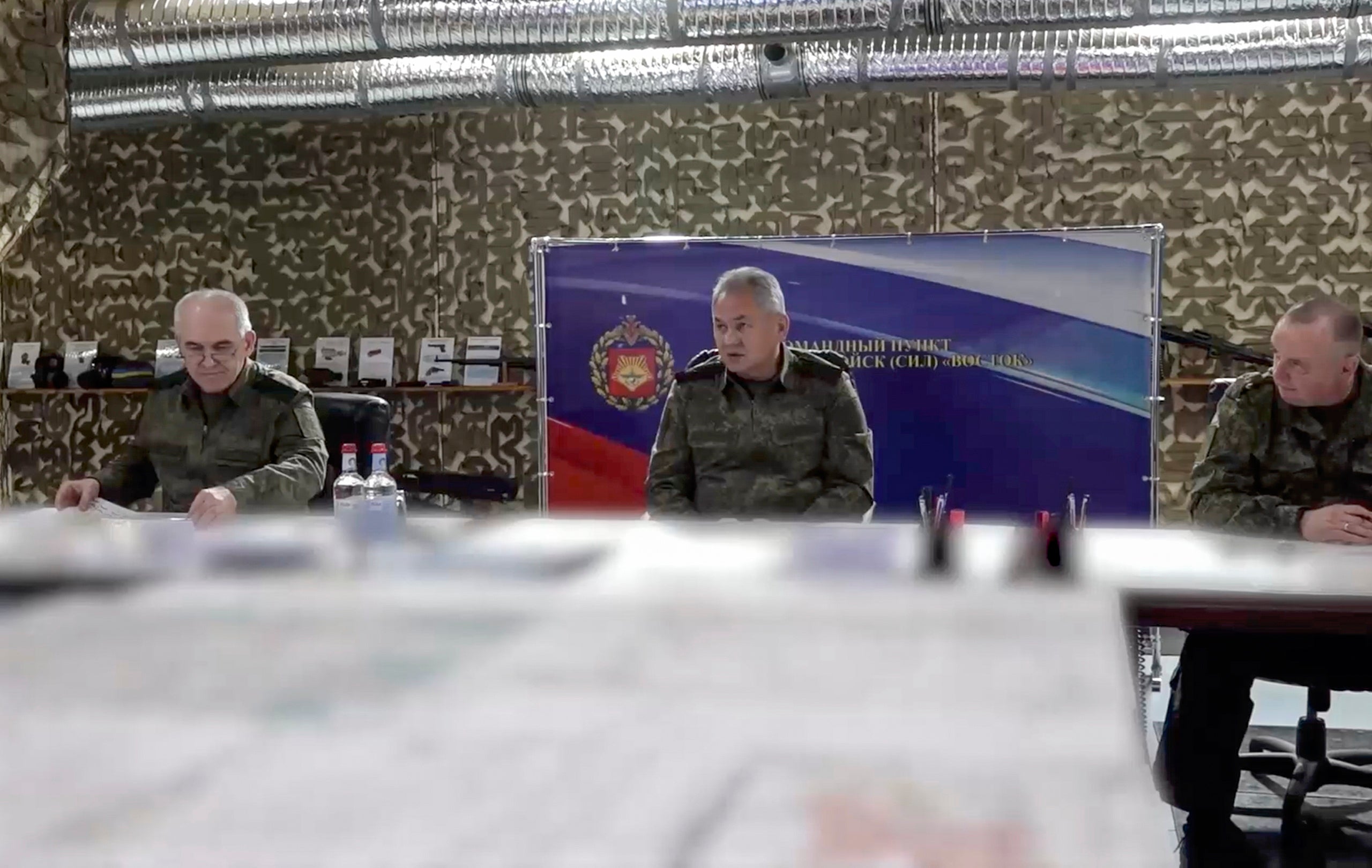 Russian defence minister Sergei Shoigu (centre) inspecting the forward command post of the ‘Vostok’ (East) group of troops at an undisclosed location in Ukraine
