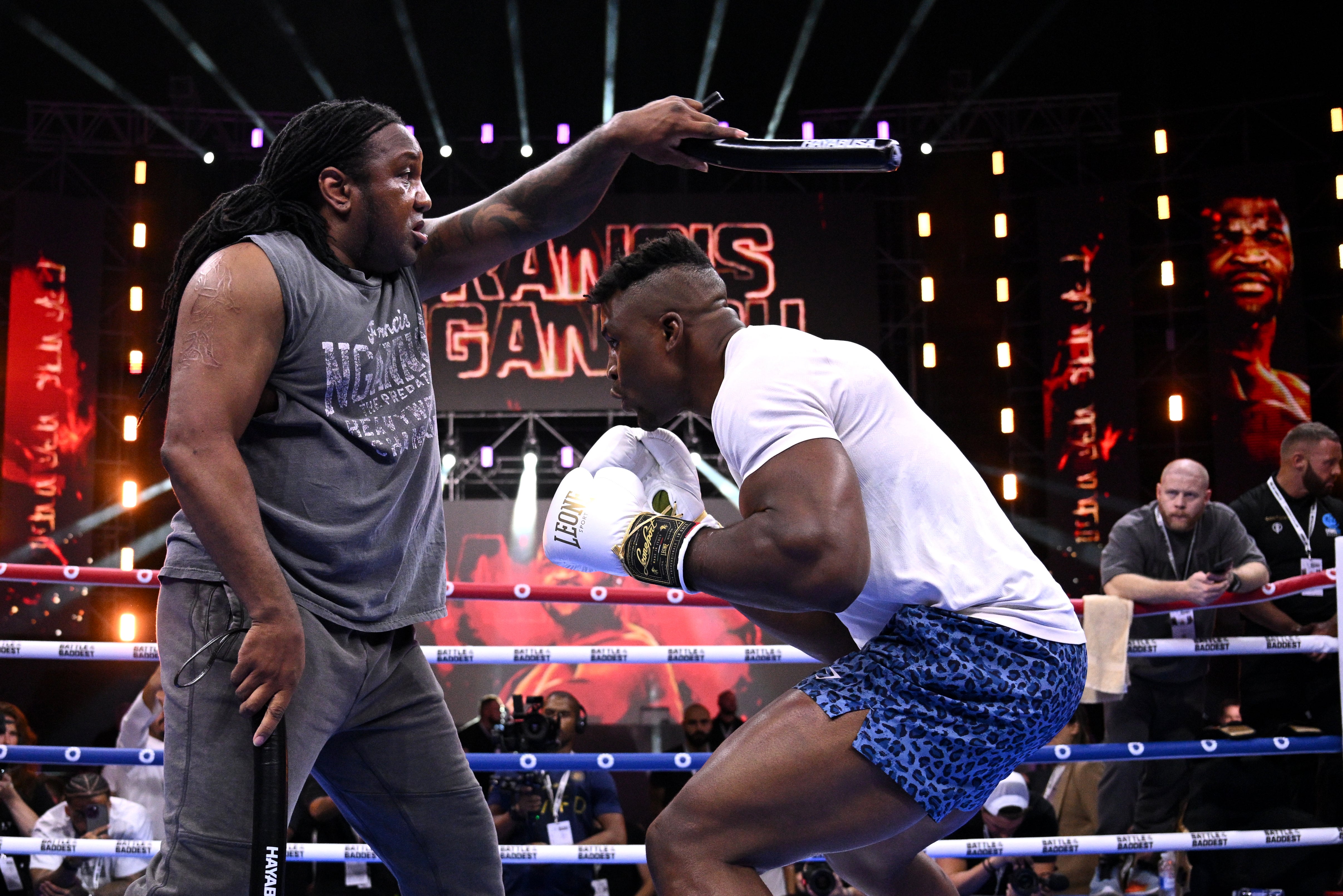 Ngannou, right, at an open workout in Riyadh this week