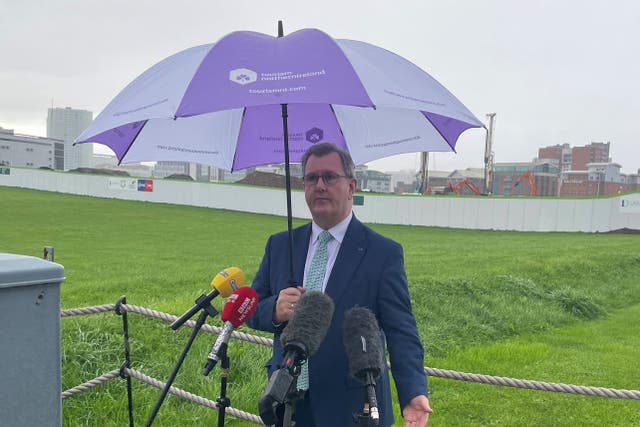 DUP leader Sir Jeffrey Donaldson speaks to the media after a breakfast with US investors at the Titanic Centre, Belfast (David Young/PA)