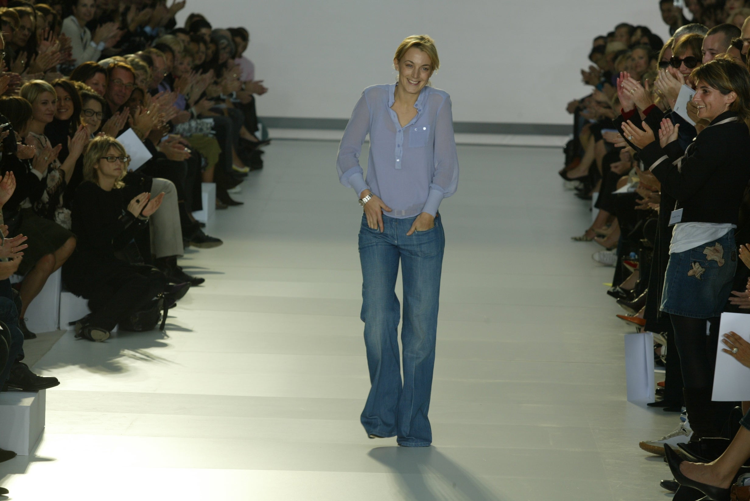 The shy designer Phoebe Philo meets her front row fans at the Spring 2004 Chloe show in Paris