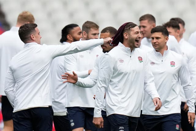 <p>England’s George Ford (left) and Jonny May (centre right) during a training session at the Stade de France</p>