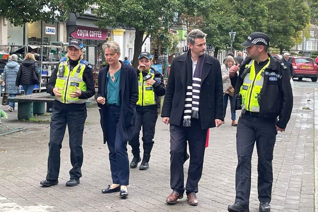 Yvette Cooper spoke to PCSOs, business owners and residents in a visit to Buxton, Derbyshire (Callum Parke/PA)