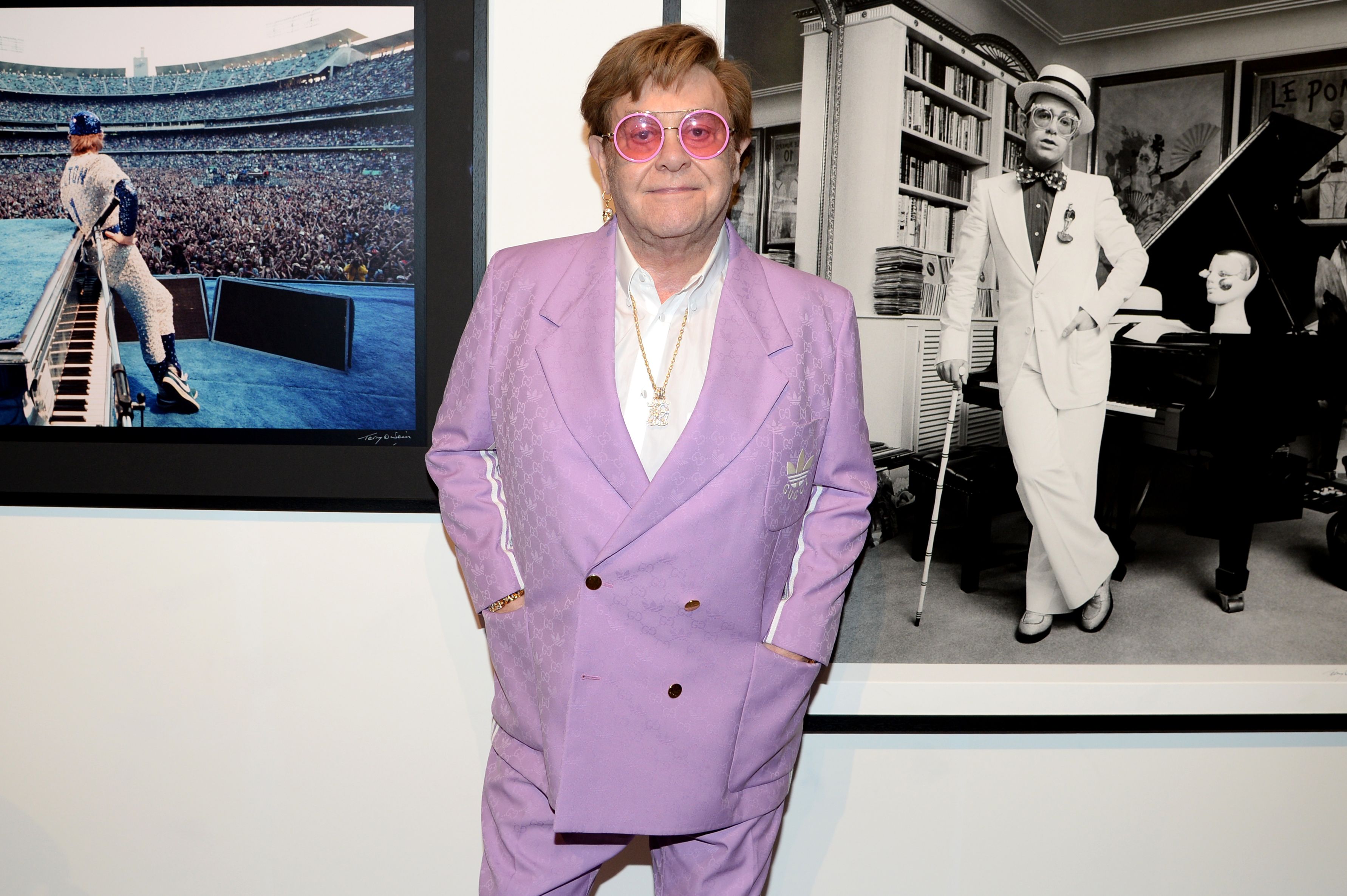 Elton John at the exhibition, Taupin and O’Neill: Two Sides of the ’60s at the Iconic Images Gallery, Piccadilly, London, in April 2023