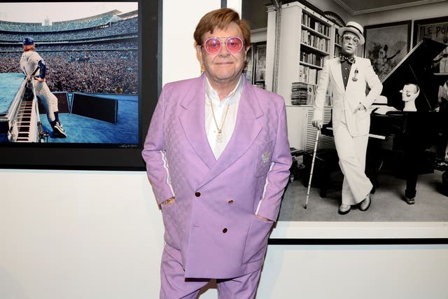 <p>Elton John at the exhibition, Taupin and O’Neill: Two Sides of the ’60s at the Iconic Images Gallery, Piccadilly, London, in April 2023</p>