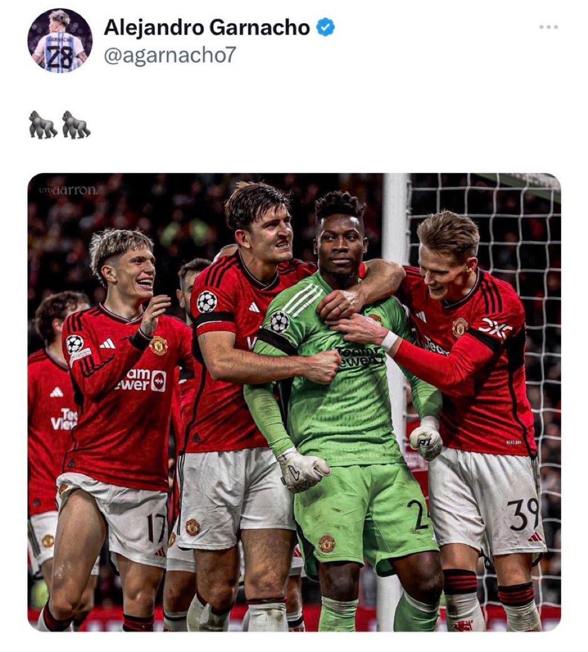 Andre Onana defends Manchester United teammate Alejandro Garnacho over gorilla emoji post